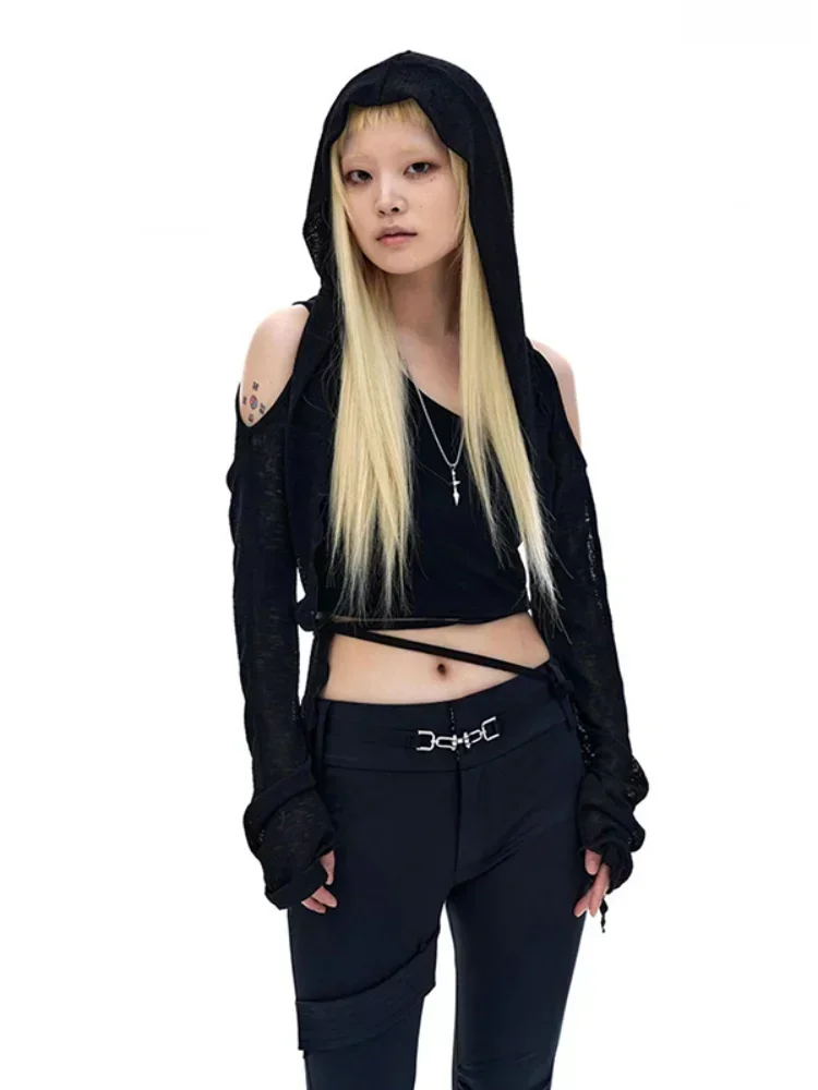 2024 Long Sleeve Hooded T-shirts Off Shoulder Sexy Tshirts Women Y2k Aesthetic Grunge Streetwear Crop Top Thin Cardigan