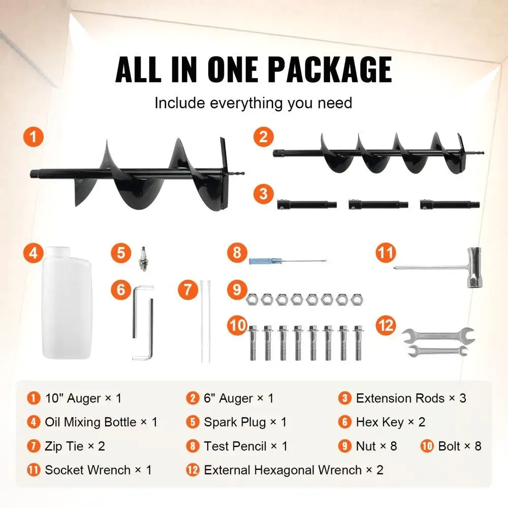 Escavadeira movida a gás 52cc 1450W com brocas de eixo helicoidal de 6 polegadas e 10 polegadas e hastes de extensão para jardim para terras agrícolas e plantio