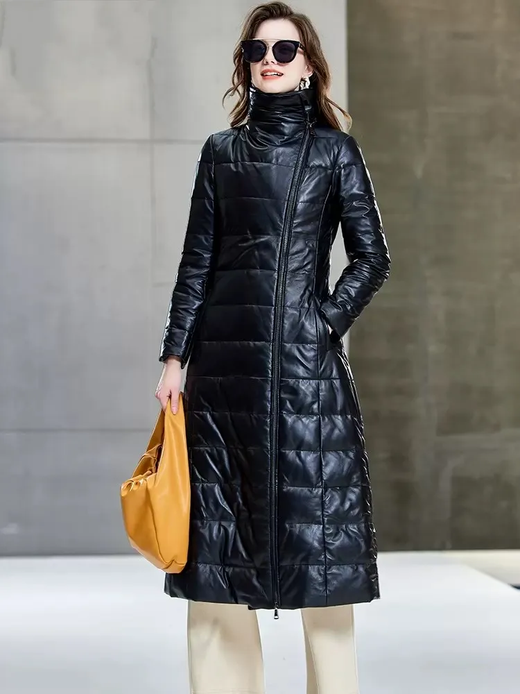 Runway Women Brand Max Long Genuine Leather Down Jacket Thick Warm Elegant Ladies Winter Overcoat Black Genuine Leather Jackets