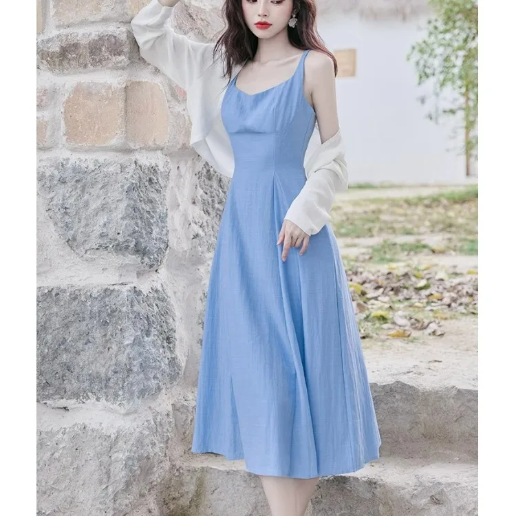 여름 도파인 세트 비치 바캉스 레트로 스트랩 드 하이웨이스트 폴리에스터 섬유 A라인 미디 드 아름다운 투피스 수트