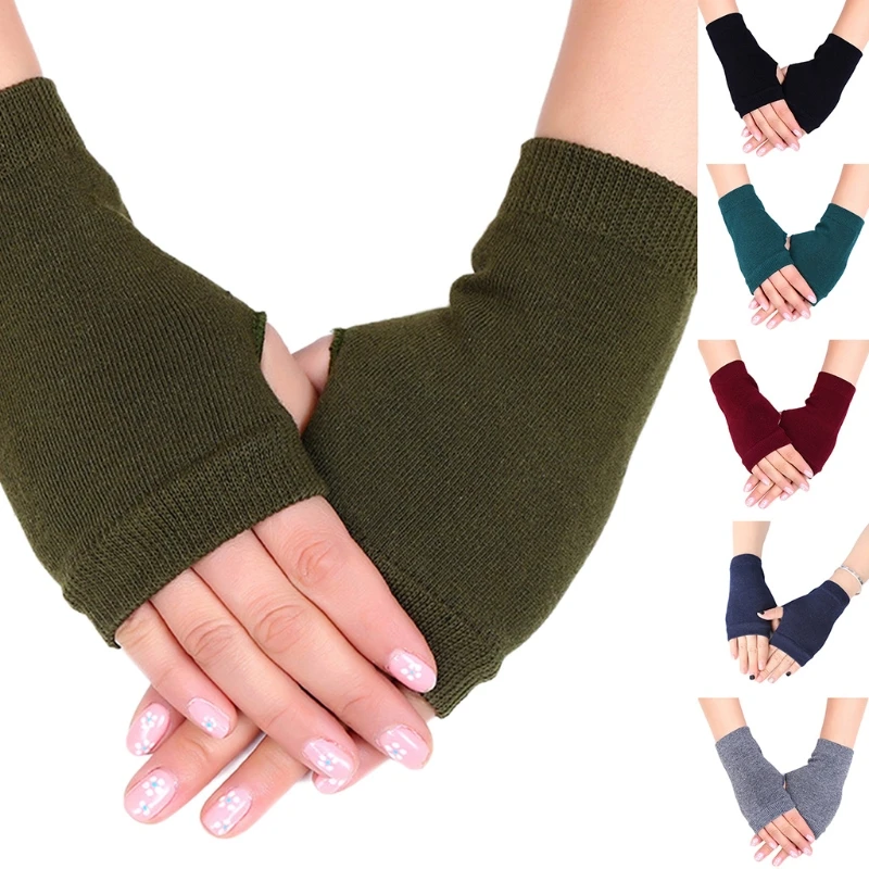 Unisex Half Finger Gloves Winter Stretchy Knit Solid Color Fingerless Gloves Cotton Short Hand Warmer with Thumb Hole