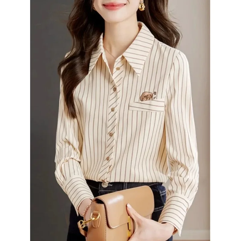 

Striped Shirts Long Sleeve Embroidery Office Shirts Women Single Breasted Womens Tops And Blouses Regular Fit France Style