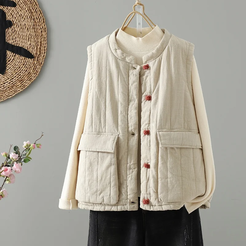 

Thickened Cotton Autumn Winter Women's Vest Sleeveless Stand Collar Large Size Artistic Style Clothing Big Pocket Design