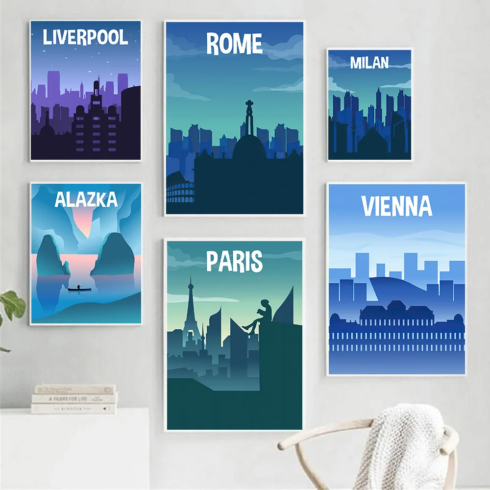 Vintage Travel City Skyline Travel Poster Modern Cityscape Minimalist World Famous Landmark Wall Art Canvas Painting  Home Decor