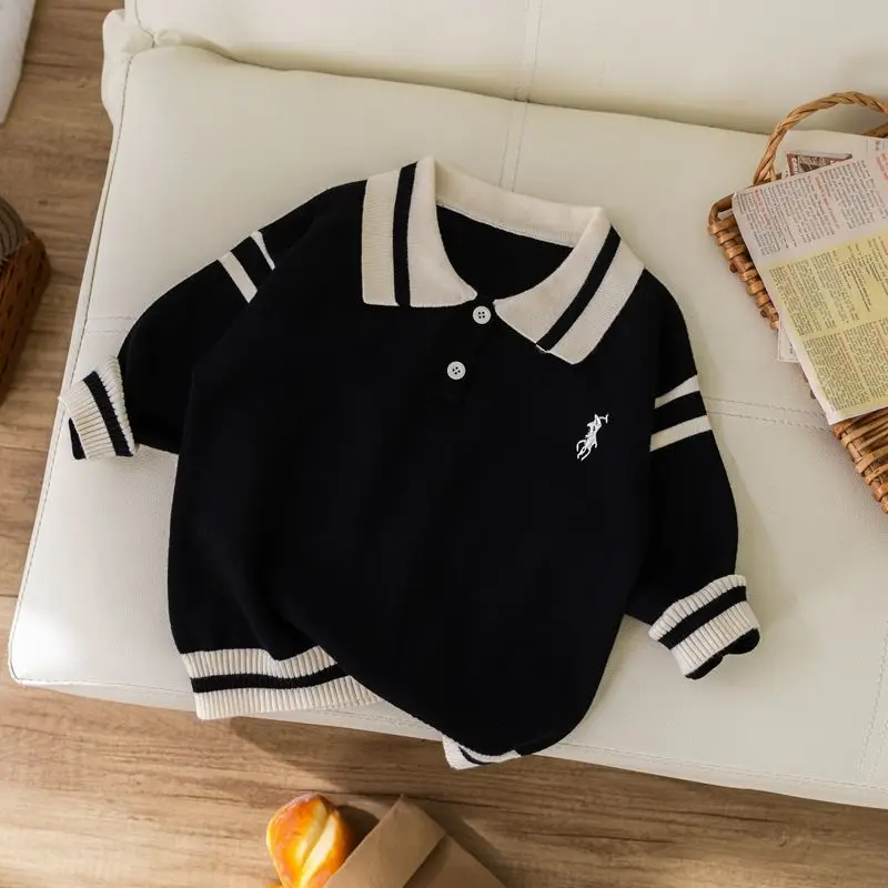 الأطفال التلبيب الفتيان قميص بولو الطفل المتوسطة وكبار السن محبوك سترة أواخر الخريف الشتاء سترة مطرزة بأكمام طويلة