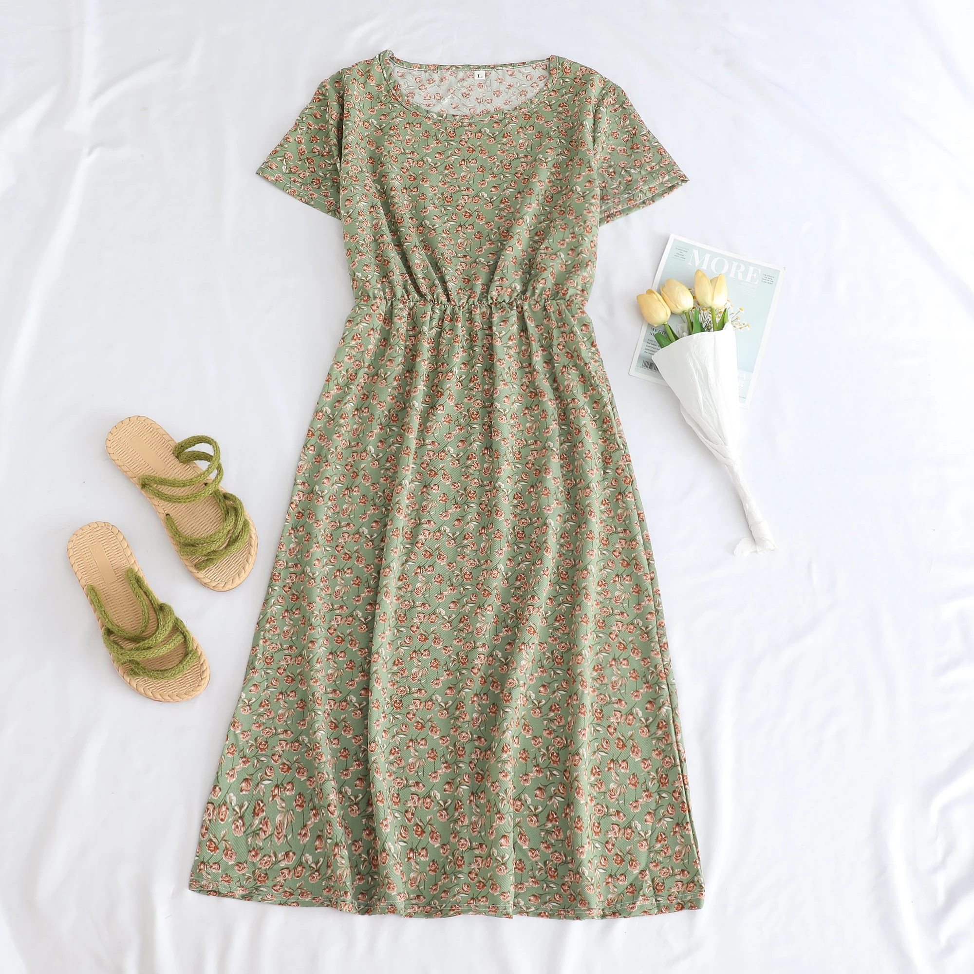 

Fashionable Short Sleeve Midi Dress for Middle-Aged Mothers Southeast Asian Style Casual Loose Fit round Neck Long Skirt