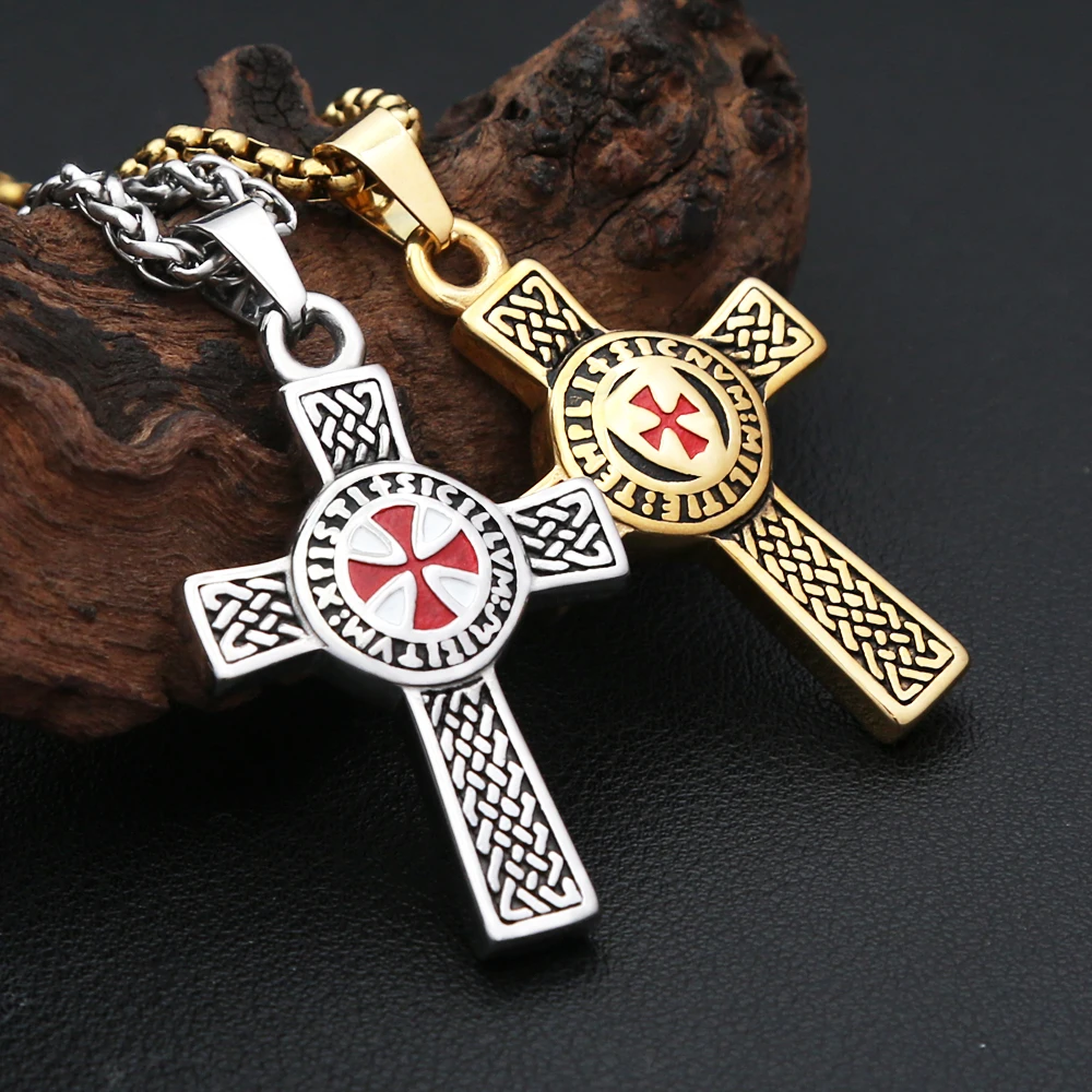 Fashion Punk Red Cross Shield Pendant Necklace 316L Stainless Steel Templar Knight Cross Necklace For Men Women Amulet Jewelry