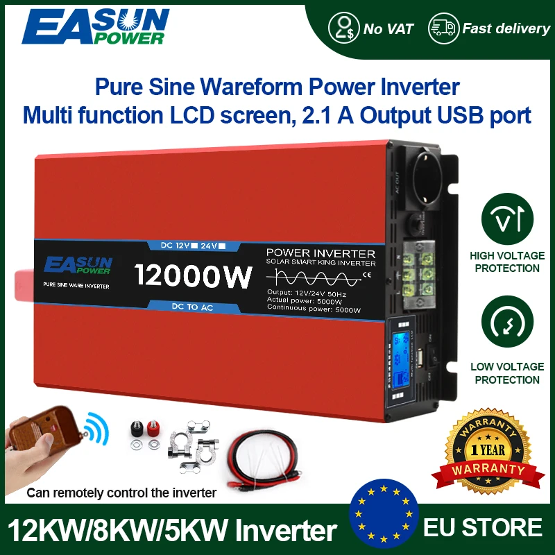 EASUN 12000W 8000W 5000W Pure Sine Wave Inverter DC 12V 24V To AC 220V Portable Power Bank Converter Car Inverter Transformer