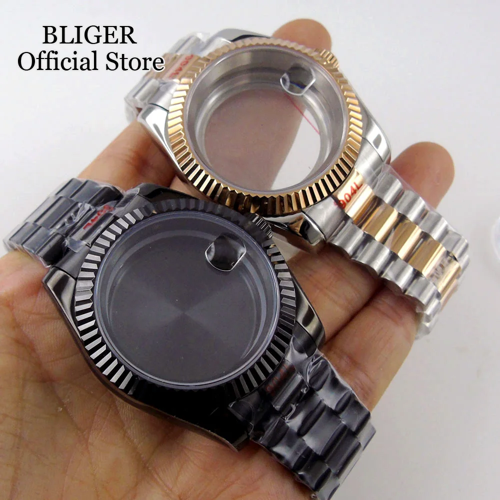 BLIGER 36MM 39MM Two Tone Rose Gold Watch Case Fluted Bezel Fit NH35A NH36A PT5000 Miyota 8215 Steel Bracelet Sapphire Glass