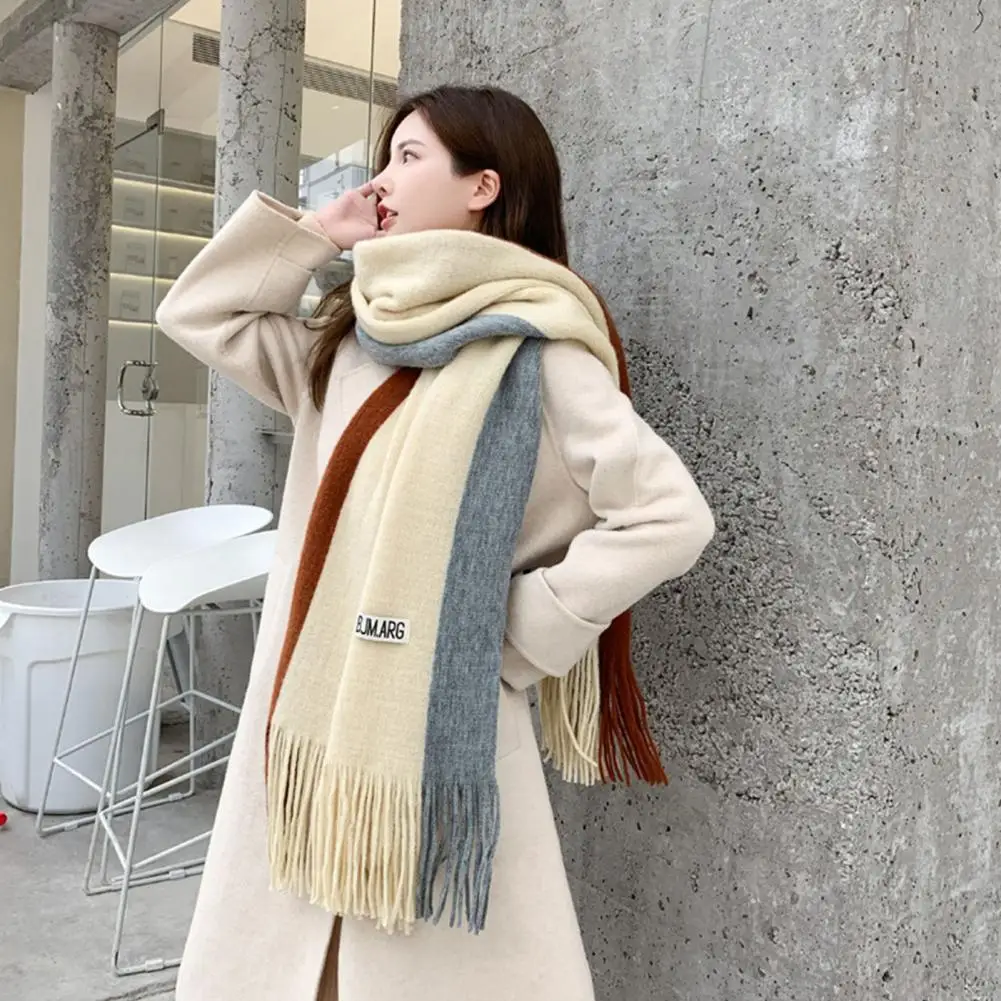 

Sticker Decoration Scarf Cozy Winter Scarf with Tassel Decor Windproof Patchwork Design Heat Retention for Women for Outdoor