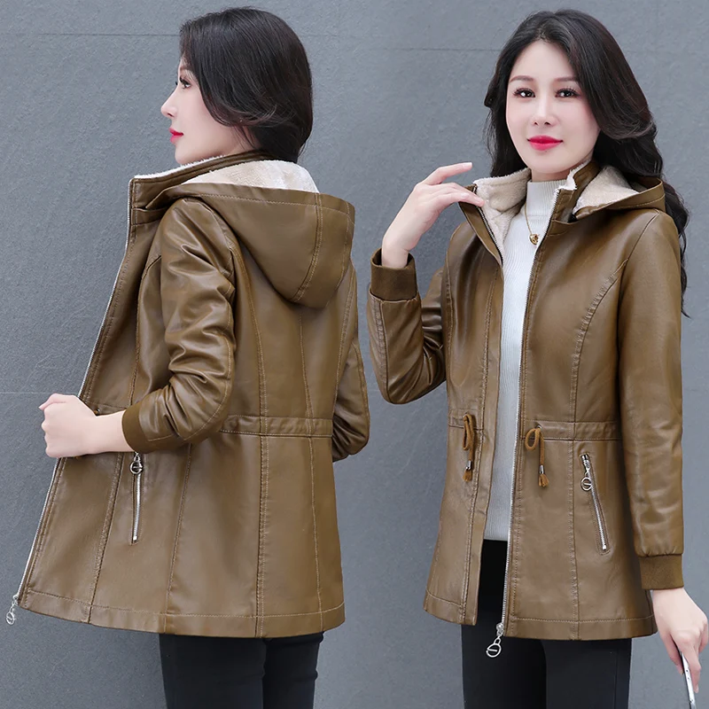 New Casual Winter Plush Women'S Pu Leather Jacket Thickened Mom'S Warm Fashionable Versatile Hooded Medium To Long Coat Female