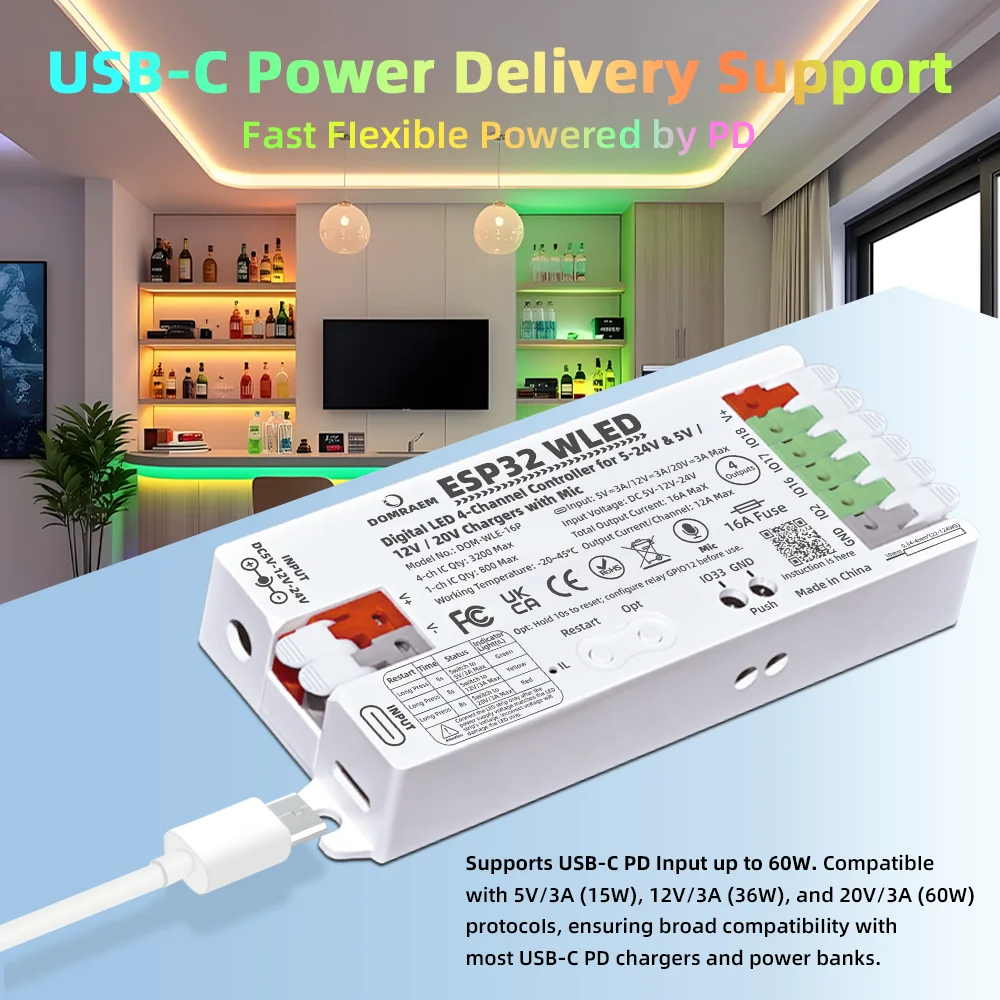 DOMRAEM ESP32 WLED Controller Sound Reactive Mic 4 Output 16A Fuse PD 5V/12V/20V DC 5-24V for WS281X SK6812 APA102 Pixel Light