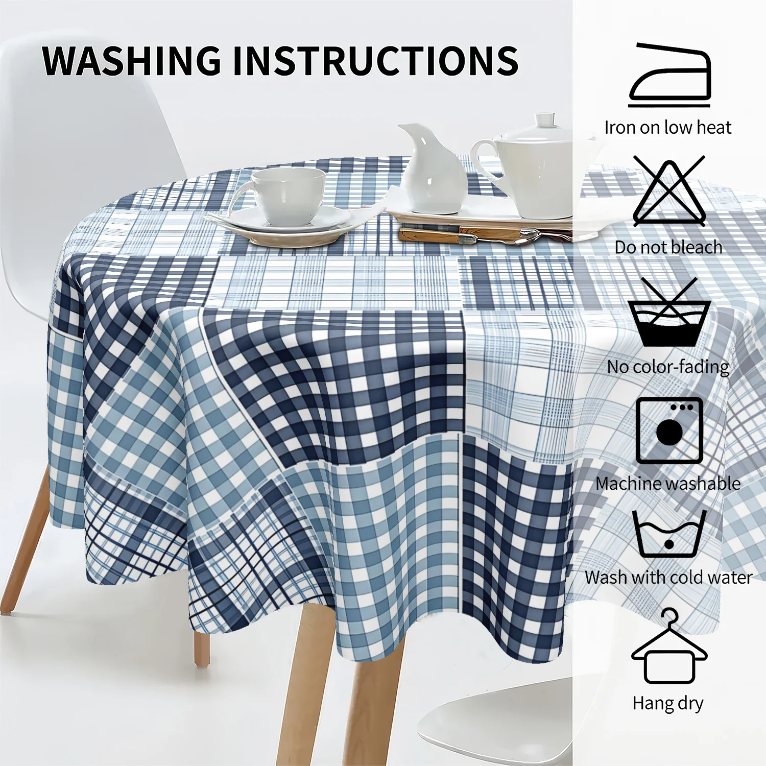 One piece of clean blue and white checkered round tablecloth, a minimalist Nordic-style table decoration cloth