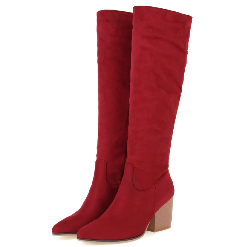 Faxu Suede Knee High Boots Women Shoes Autumn Winter Fashion Long Tall Boot Female Block High Heels Flock Black Red Party Shoes