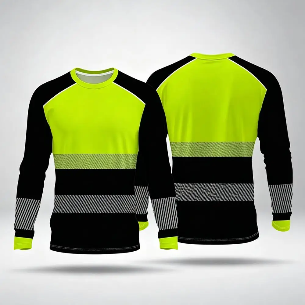 Men Long Sleeve Work Clothing Fluorescent Green Black Striped Safety T‑Shirt Quick Dry Breathable Construction Site Workwear Top