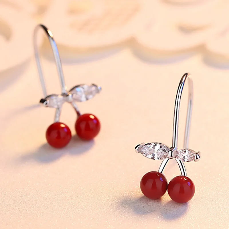

Настоящее серебро 925 пробы, циркон, красная эмаль, серьги-гвоздики с вишней для модных женщин, милые ювелирные изделия с растениями, минималистичные аксессуары
