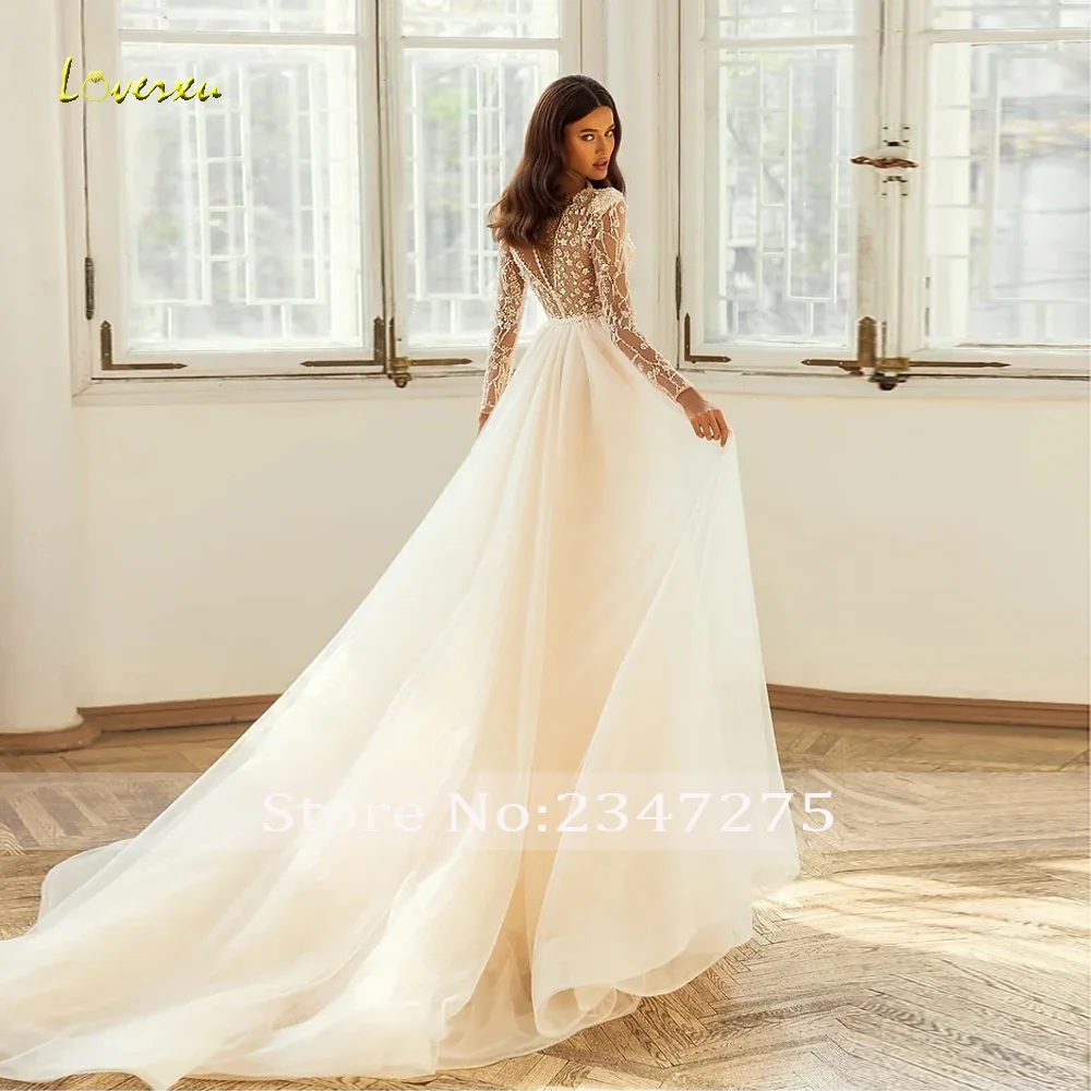 Loverxu sereia vestidos de casamento com decote em v manga longa vestido de novia renda bordado trem destacável feito sob encomenda vestido de noiva