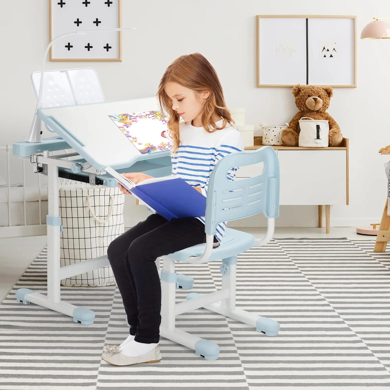 Ensemble bureau et chaise pour enfants, bureau et chaise d'étude réglables, bureau à 55 °, 3 modes, 3 LED de luminosité, recommandé