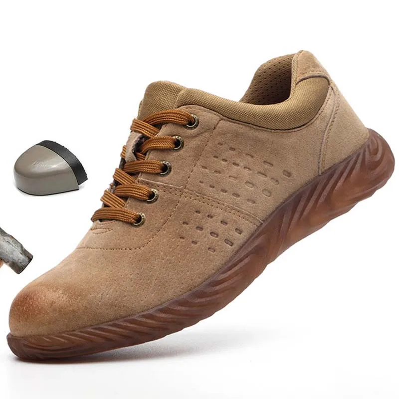 Men Safety Shoes Steel Toe Genuine Leather Outdoor Anti Smashing Anti Piercing Breathable Work Shoes Male Non Slip Work Boots