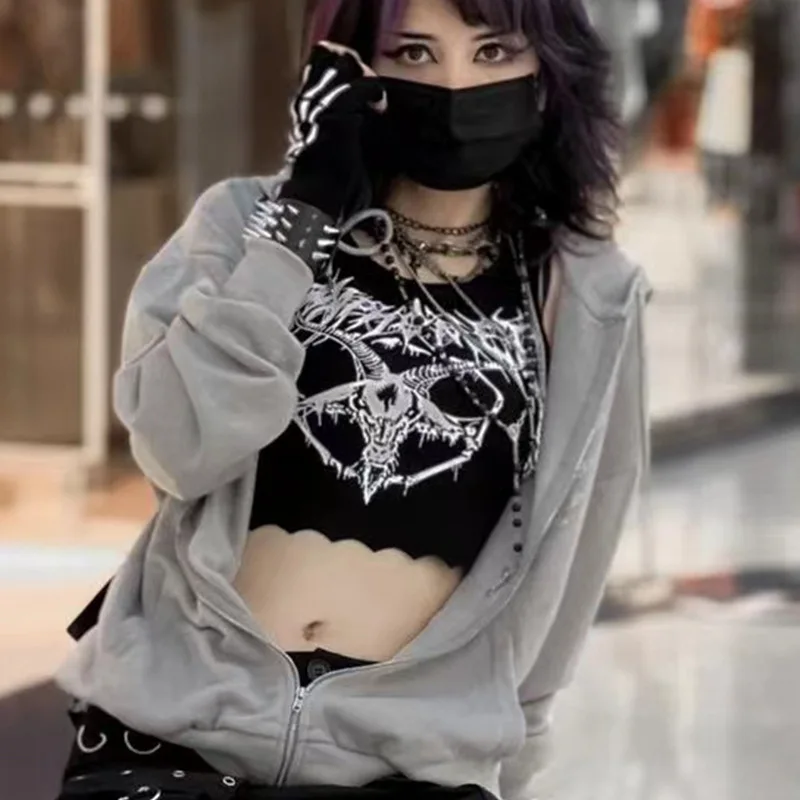 Gothic Knitted Punk Black Tank Tops Mall Goth Grunge Goat Print Harajuku Women Crop Tops Skinny Sleeveless Streetwear
