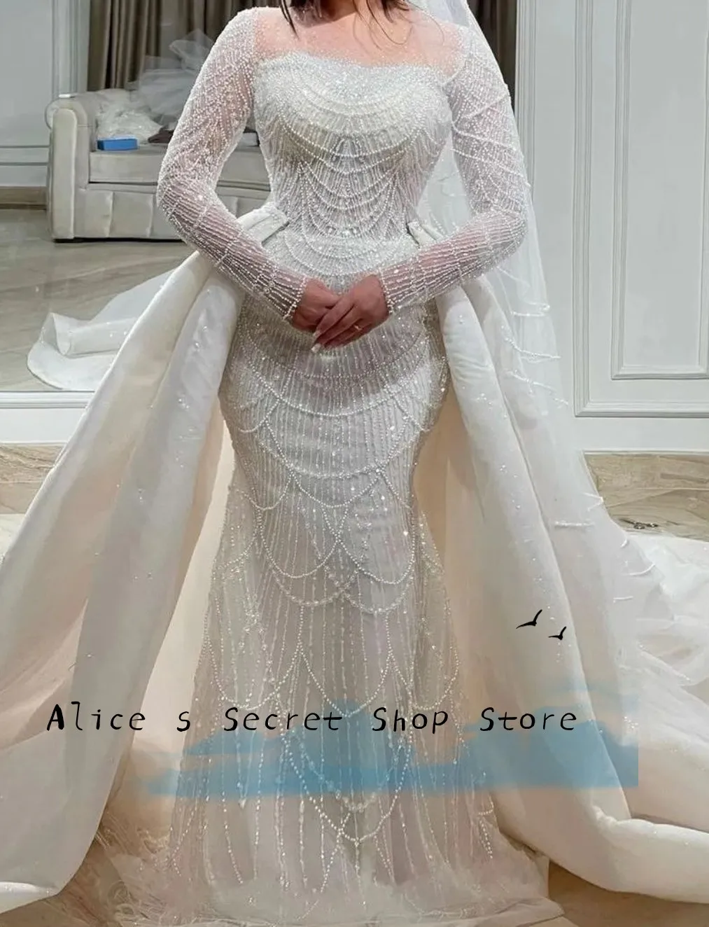 

Shiny Sequins Exquisite Mermaid Wedding Dress For Women Square Neck Beaded Full Sleeve Detachable Train Bridal Gowns For Bespoke