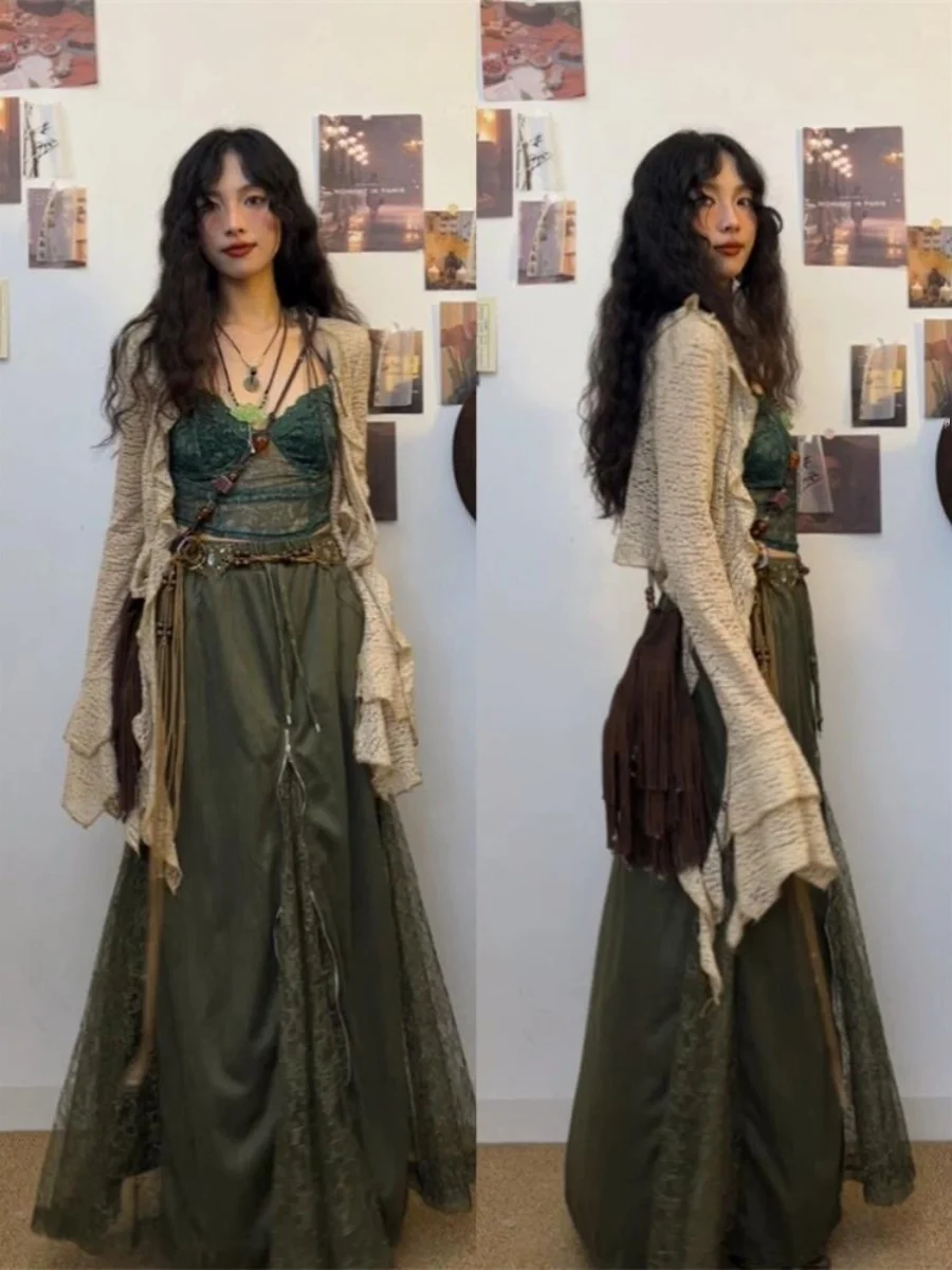 

Retro Olive een Print Lace Inner Wear Tank Top Women plus Size Outer Sun Protection Open Cardigan Set Korean Sle V Ne S...