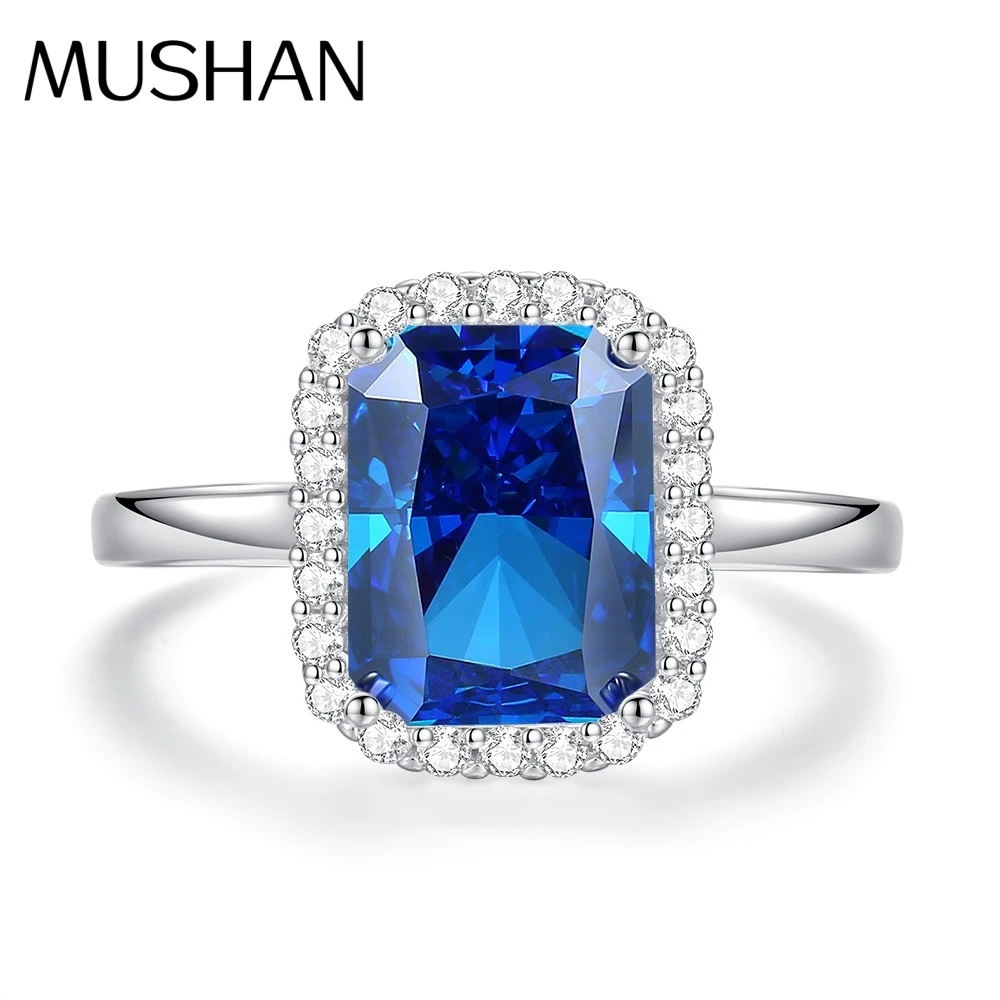 MuShan Luxury Jewelry Real 925 Sterling Silver Ring Band For Women High Carbon Diamond Blue Gemstones Rings s925 Fine Jewelry