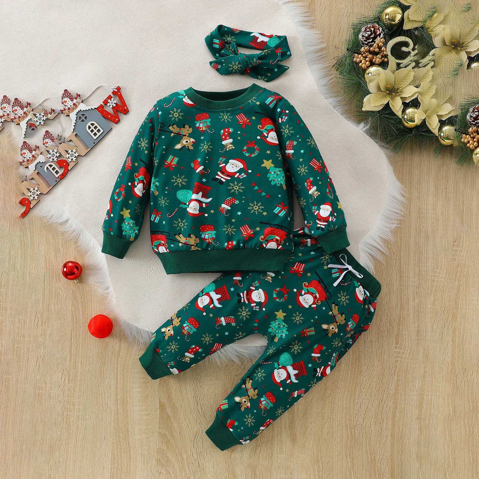 Toddler Girls Long Sleeve Christmas Clothes Sets Autumn Winter Cartoon Prints T Shirt Pullover Tops Long Pants Hair Band Outfits