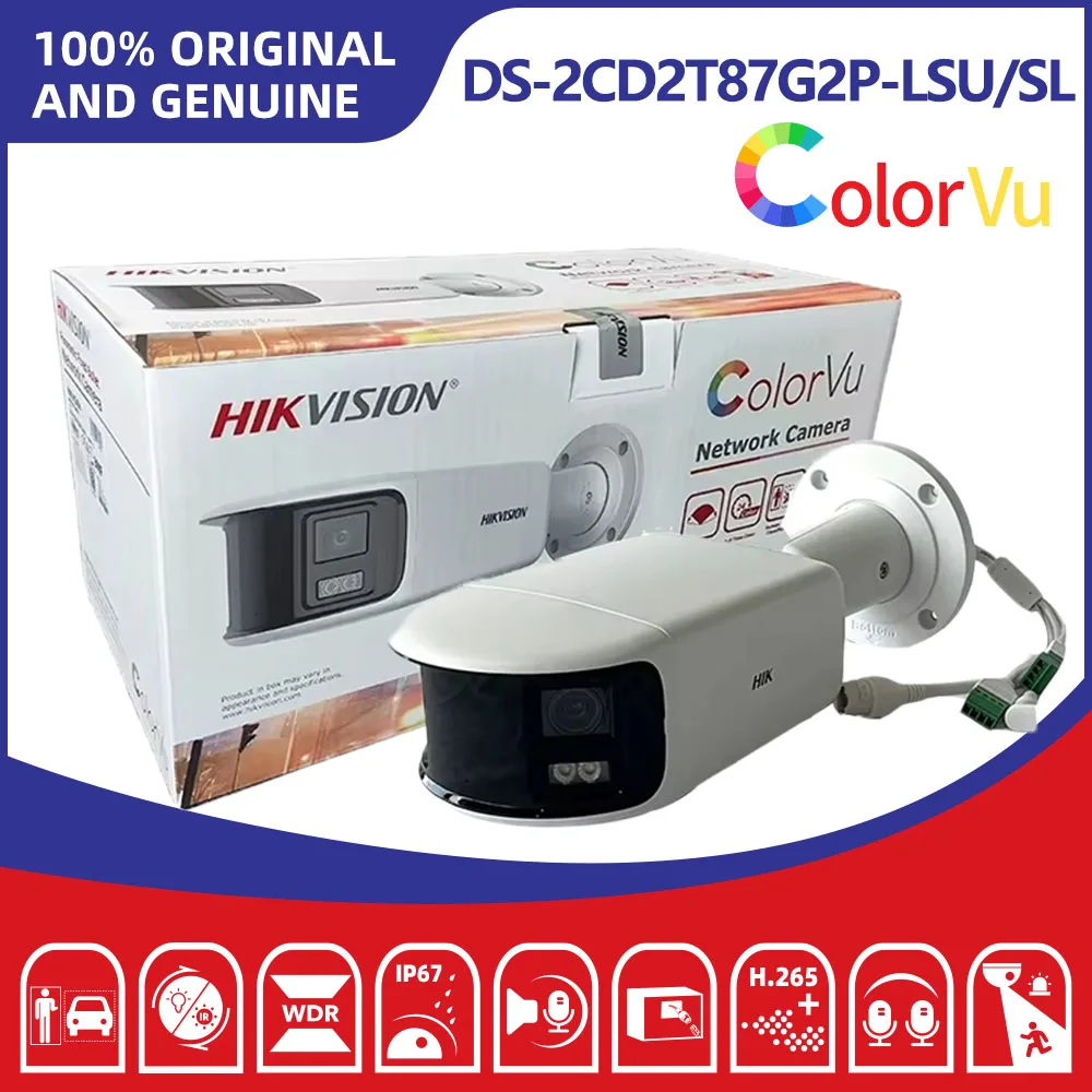Hikvision 8MP Panoramic ColorVu IP Camera DS-2CD2T87G2P-LSU/SL 180° FOV Dual Lens Outdoor Security Camera PoE Audio Strobe Alarm