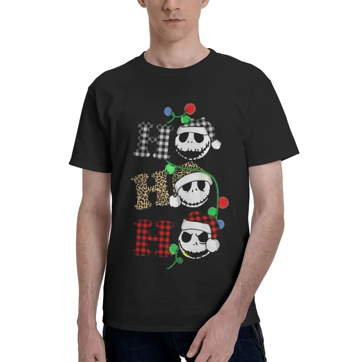 Jack Skellington Ho Ho Ho Merry Christmas Gifts Men's Basic Short Sleeve T-Shirt Black Round Neck Short Sleeve