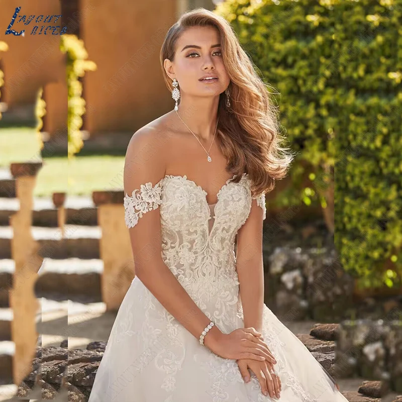 NICEB-Vestidos De Novia con Apliques De encaje para mujer, con espalda descubierta vestido De Novia, línea A, vestido De princesa De tul, diseño Vestidos De Novia Para Mujer Apliques De Encaje  Off Shoulder A Line Vest