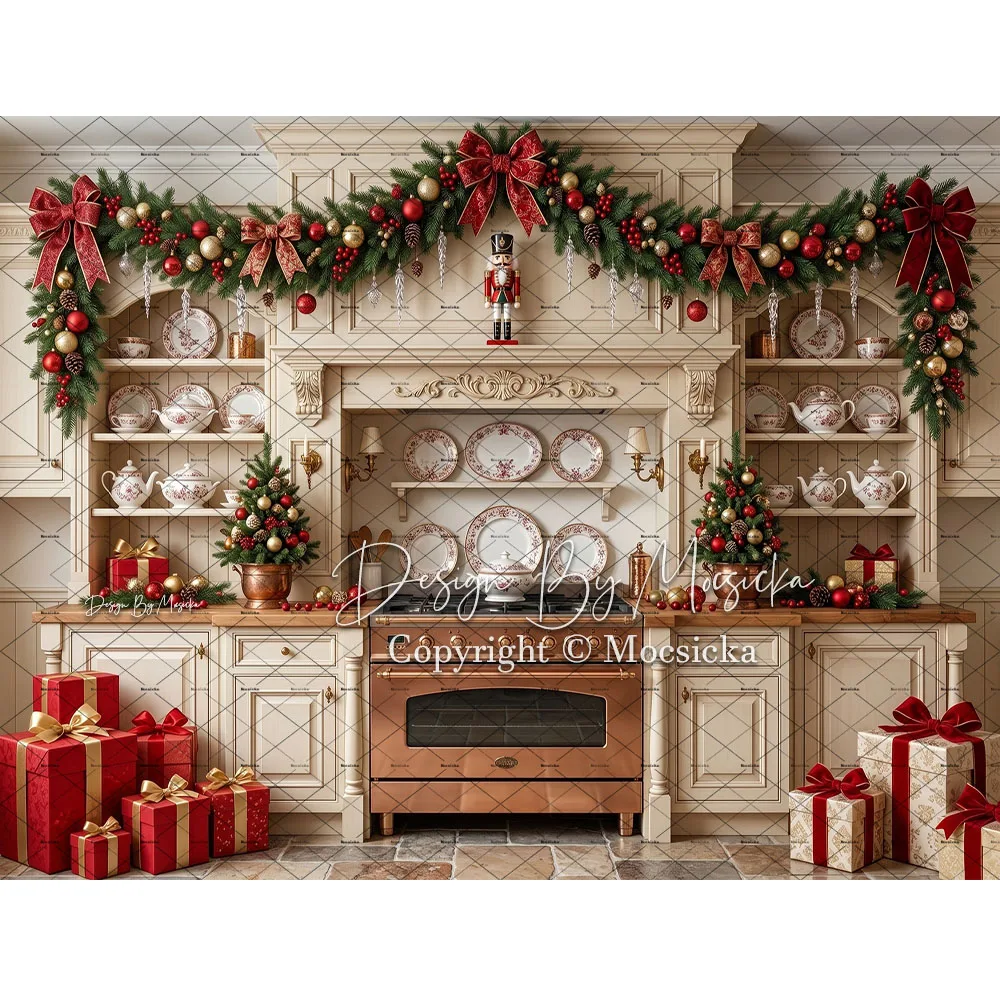 Mocsicka Weihnachtsküchen-Hintergrund für Fotografie, weißer Schrank, Nussknacker, Fensterhintergrund, Feiertagsfamilie, Backen, Porträtfoto