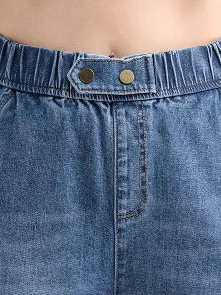 Calça jeans larga com cintura alta para mulheres, harém jeans com comprimento no tornozelo, calça azul larga, spodnie casual, primavera e verão, 80kg