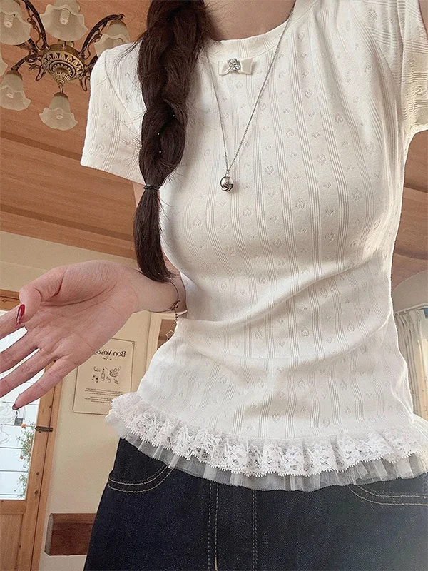 Sweet Ballet Style round Neck Short Sleeve T-Shirt Women's Summer Miu Series Lace  Knot Slim Fit Waist Cinching Top