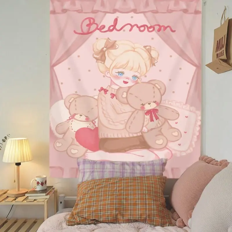 VIKAMA Wave Point Tulip Bear Tapestry, American Teddy Bear Aesthetic Wall Hanging for Bedroom Living Room Dorm Decor