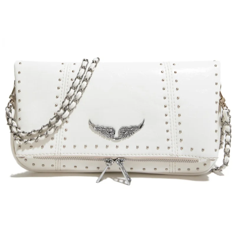 

26Soft Black Oil Wax Leather Envelope Crossbody Bag For Women Small Casual Shoulder Bag With Decorative Silver Chain And Rivets
