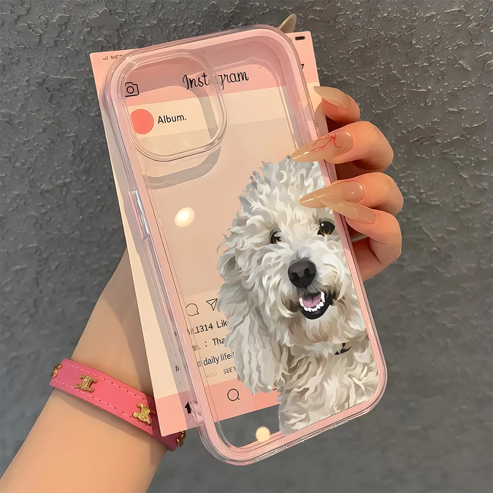 Coque de téléphone motif chien bouclé mignon pour iPhone 17 Pro Max 11 12 13 14 15 16 Plus Air 2 en 1, couleur bonbon, transparente, en silicone souple