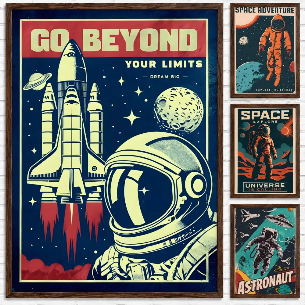 Retro Cosmic Space Illustration Retro Solar System Planet Space Astronaut Poster Self‑Adhesive Waterproof Wall Art Home Decor