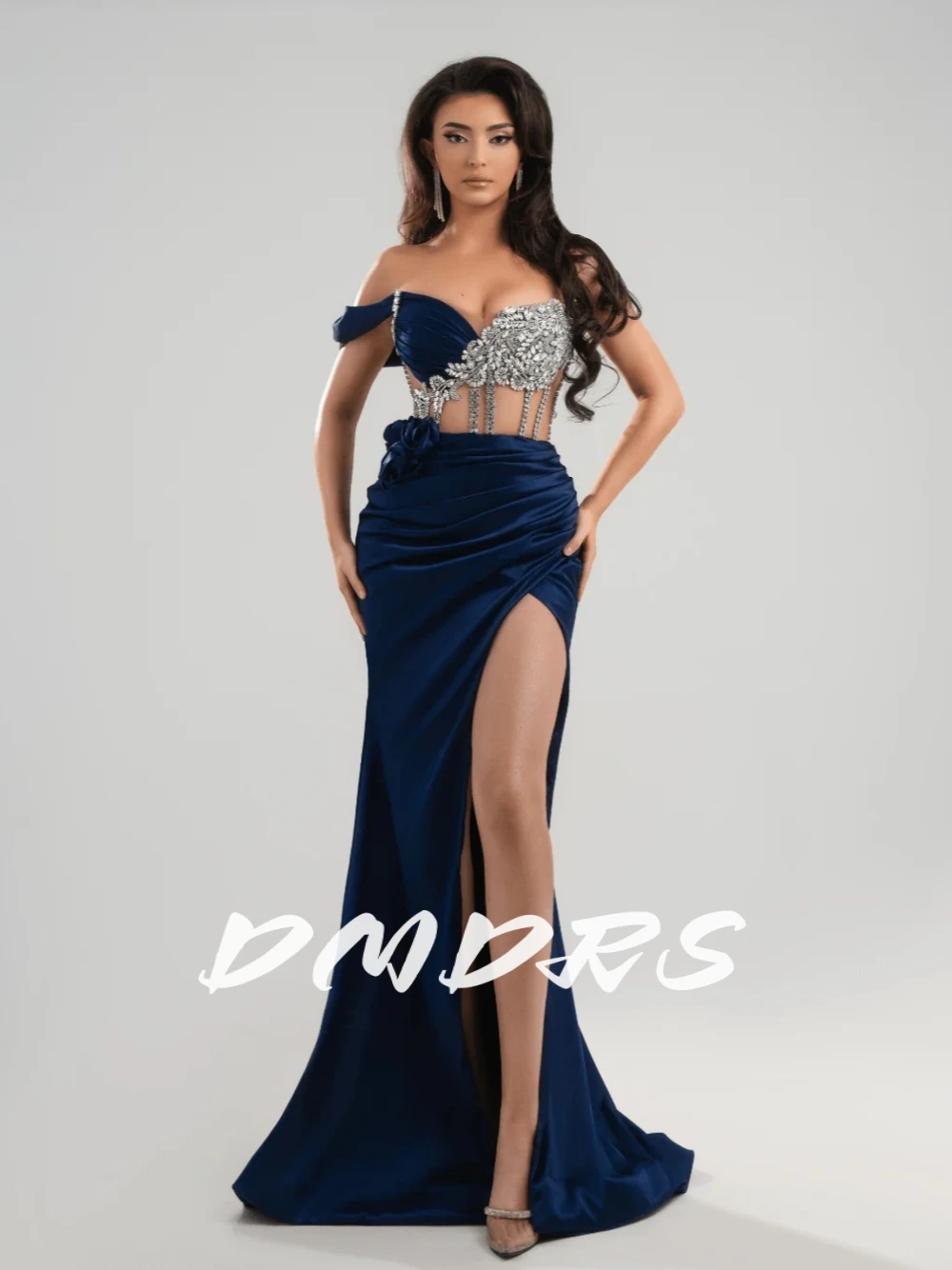 

Navy Blue Sexy High Slit Evening Dress With 3D Rose New Arrival Satin Charming Crystals Corset Mermaid Cocktail Gown Customized