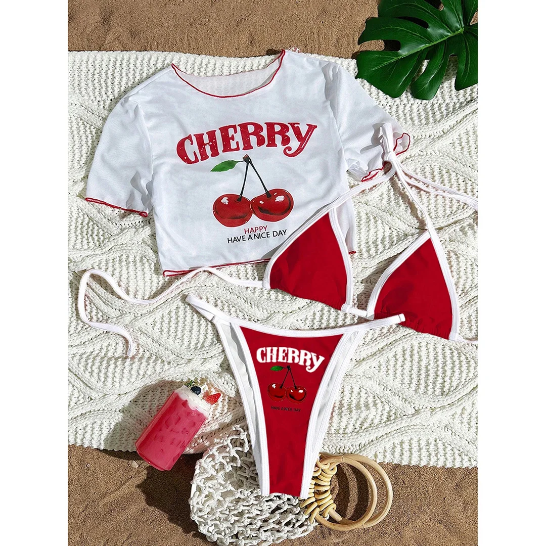 S - XL, 13 Farben, bedrucktes, dreiteiliges Bikini-Set, Bikini mit kurzen Ärmeln, Damen-Badeanzug, Damen-Badebekleidung, Badeanzug, Badebekleidung, Modell V6854G. – Detail 21