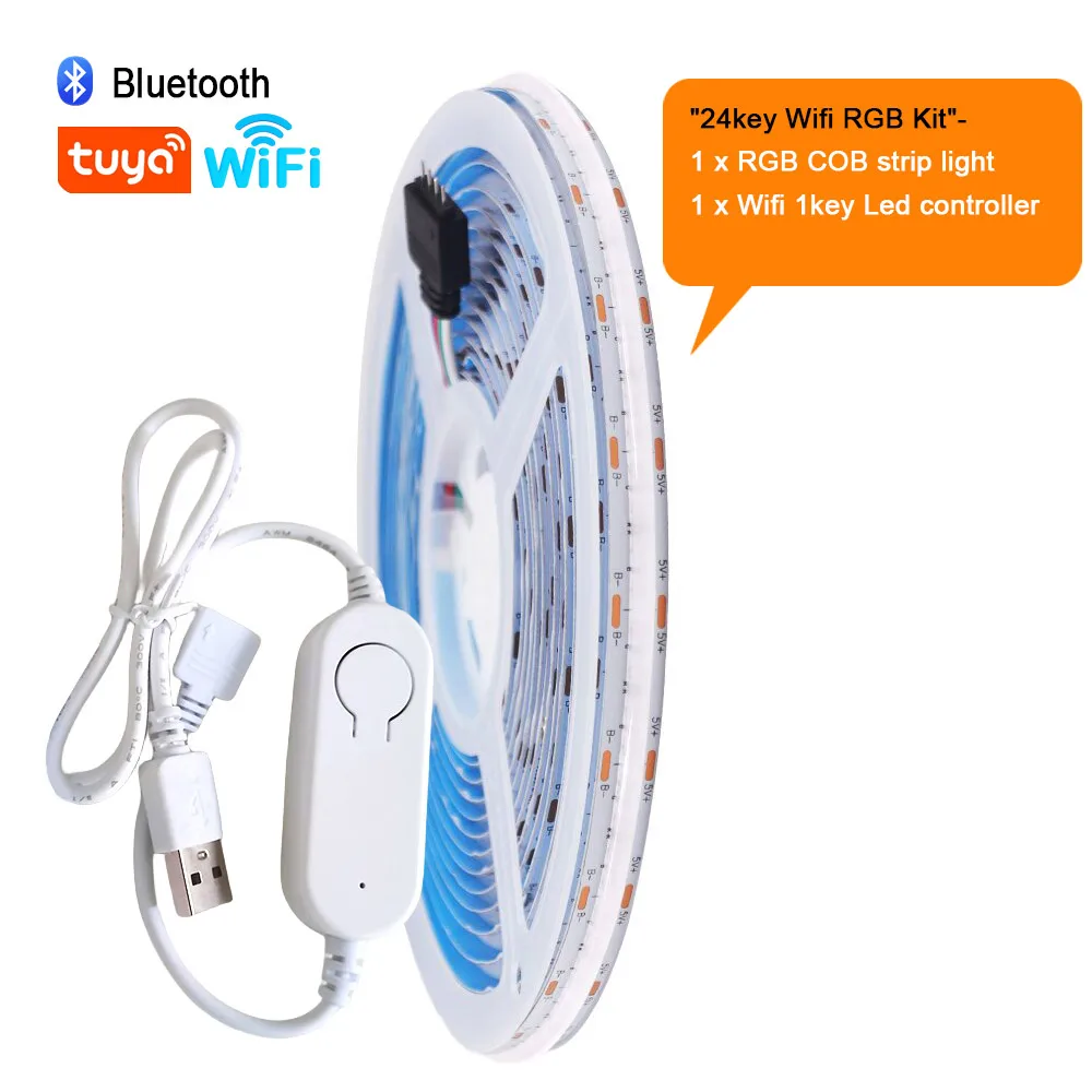 RGBCW Wifi bluetooth-kompatible rgb cob led streifen leuchte 5v 24key 44key kit fernbedienung 576led hoch dichte lineare lichter flex band 5