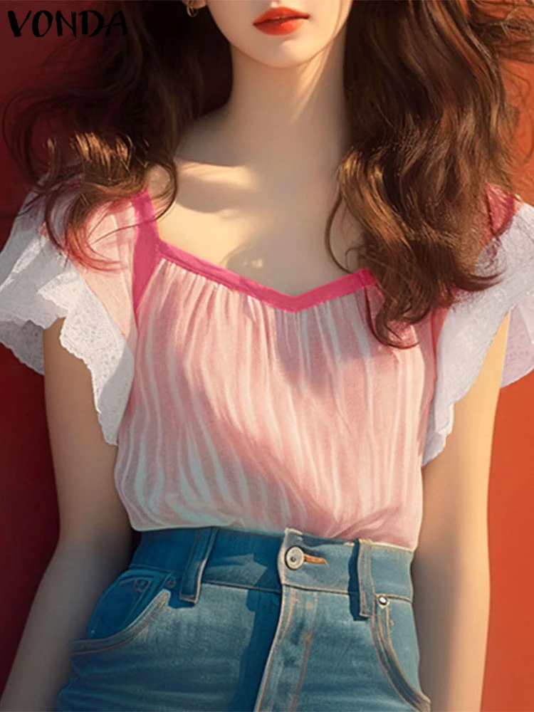 VONDA Women Blouse Summer Tops Short Sleeve Lace Patchwork Stripe Shirt Streetwear Female Blusas Casual Tunic Oversize