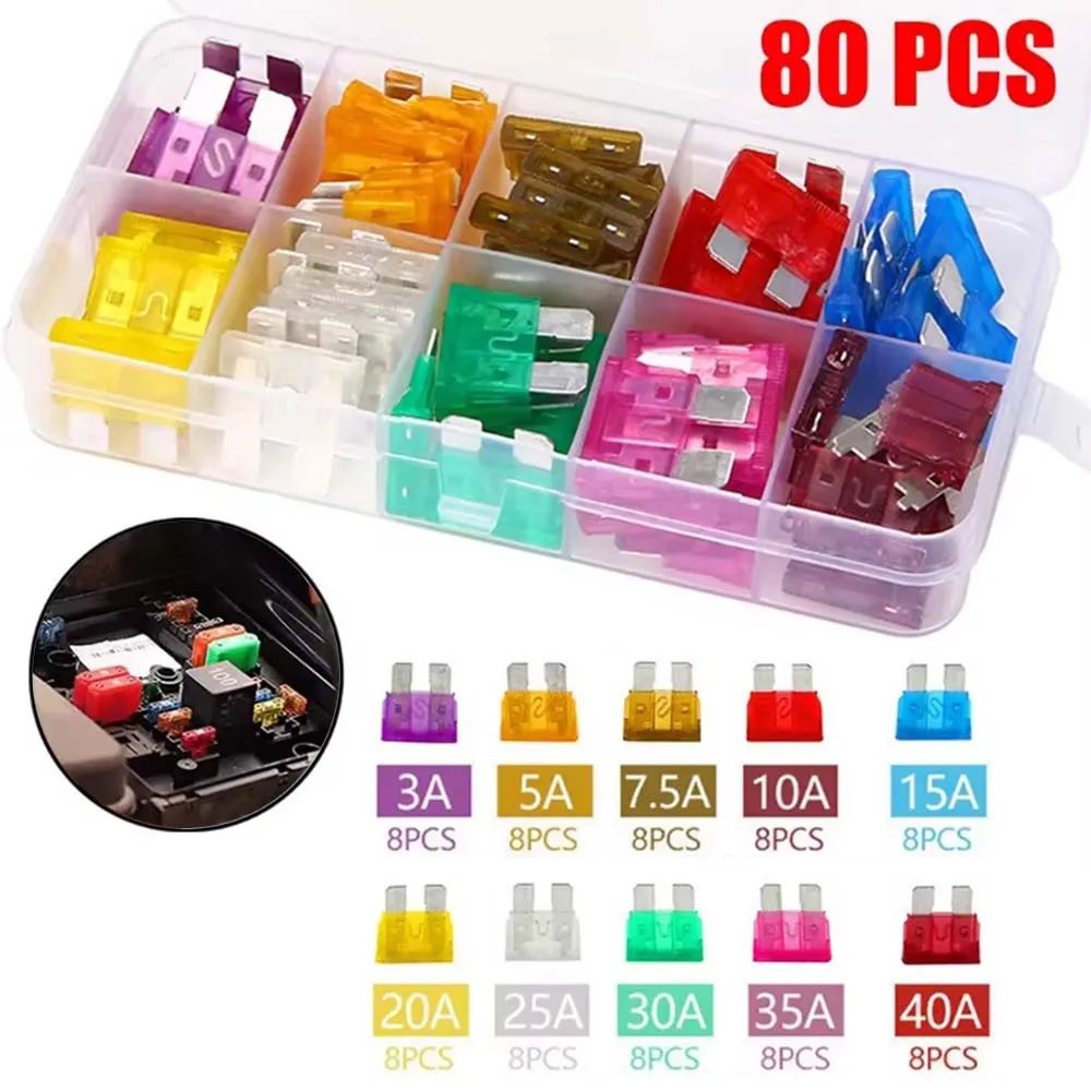 80pcs Standard Blade Fuses Assortment Kit (3Amp 5A 7.5A 10A 15A 20A 25A 30A 35A 40A) for Boat Truck SUV Replacement Fuses