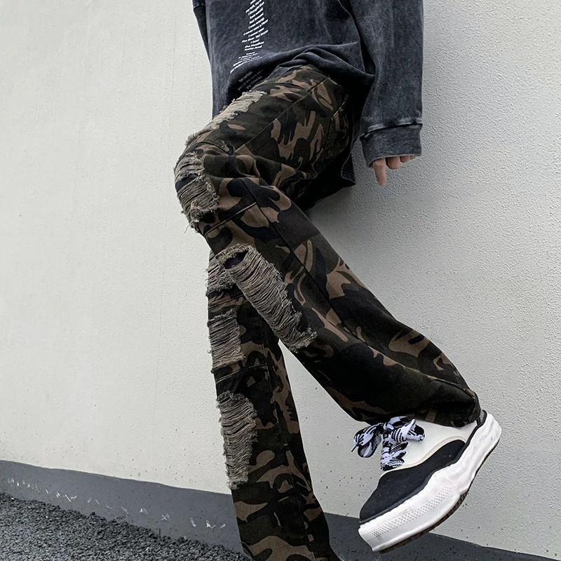 Mens Jeans Casual Straight Streetwear Summer Hole Camouflage Breathable Fashion American Style Male Trousers All-match Popular