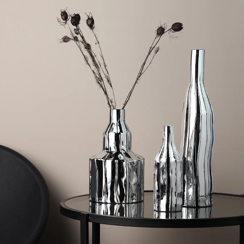 

Modern Glass Vase Silver Electroplated Asymmetric Geometric Decor Living Room Centerpiece for Flowers Home Furnishing Artware