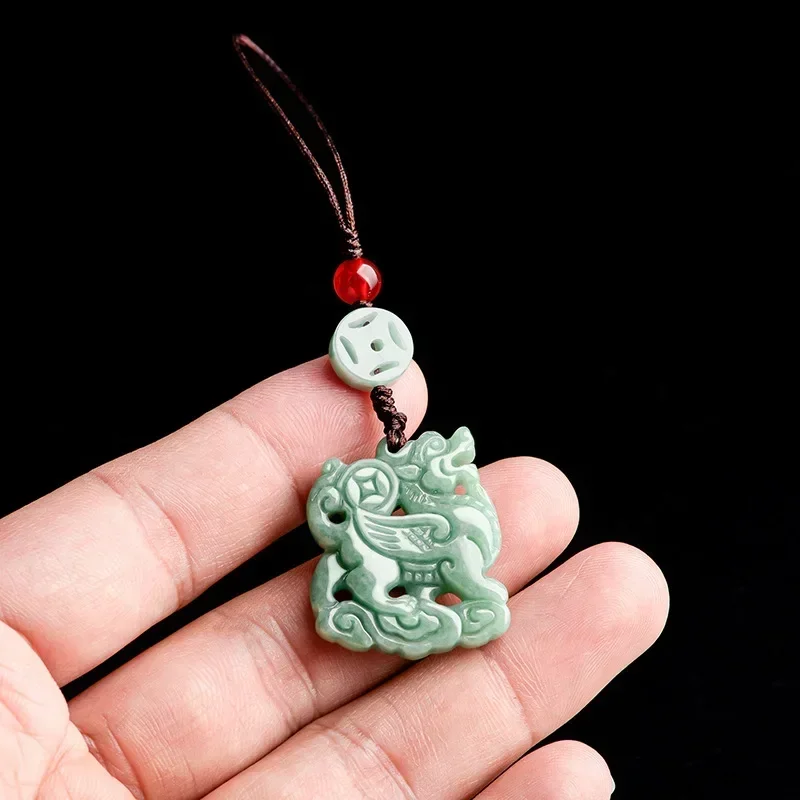 Jia Le/ Hand-carved/ Natural Jade Flying Lucky Pixiu Mobile Phone Key Pendant Fashion Fine Jewelry for Men and Women Gifts