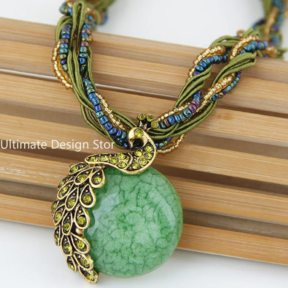 Boho Ethnic Jewelry Choker Handmade Pendant Necklace Natural Stone Bead Peacock Statement Maxi Necklace for Women Girls Gifts