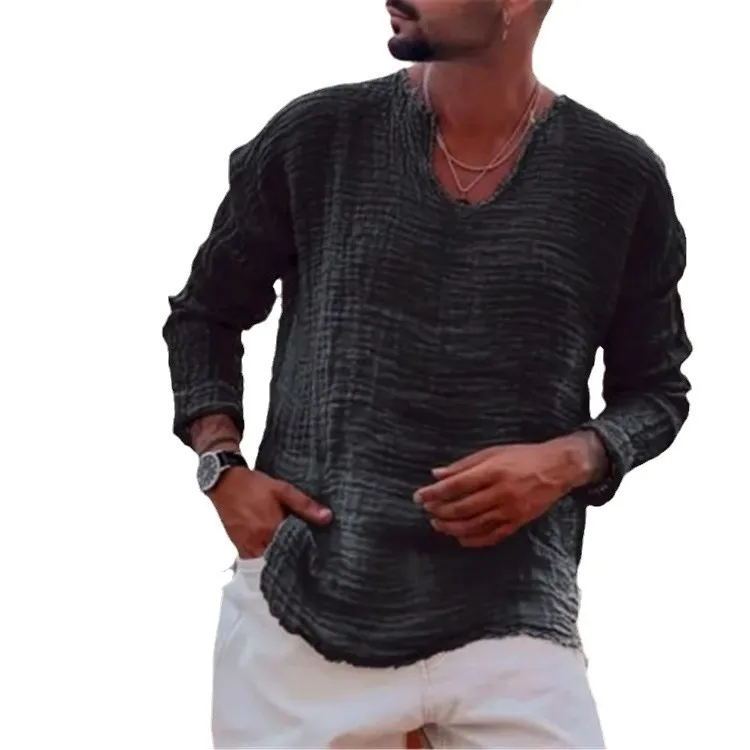 Trendy new spring and autumn men's fashion youth linen casual loose V-neck t-shirt washed frayed raw edge long-sleeved shirt image 5