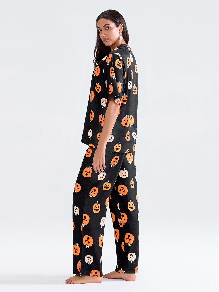 Women Halloween Pumpkin Print Lapel Collar Button Pajama Set Short Sleeve Shirt With Pants Sleepwear Loungewear Homesuits