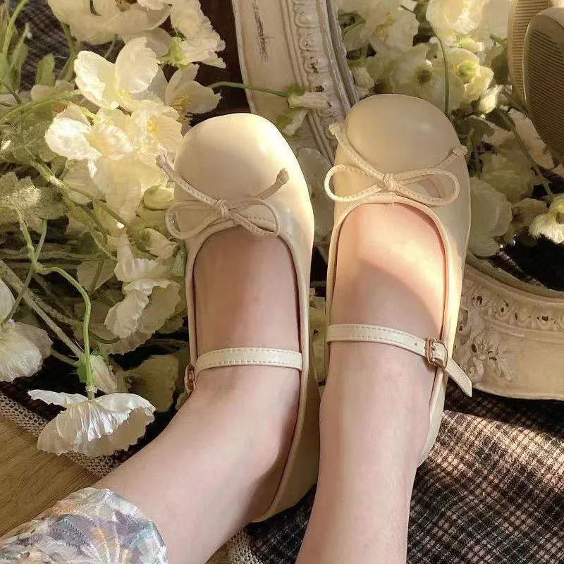 Women Ballet Pumps Lolita Mary Jane Ladies Chunky Heel Bow-knot Shallow Sandals Female Cute Sweet Round Toe College Girl Shoes